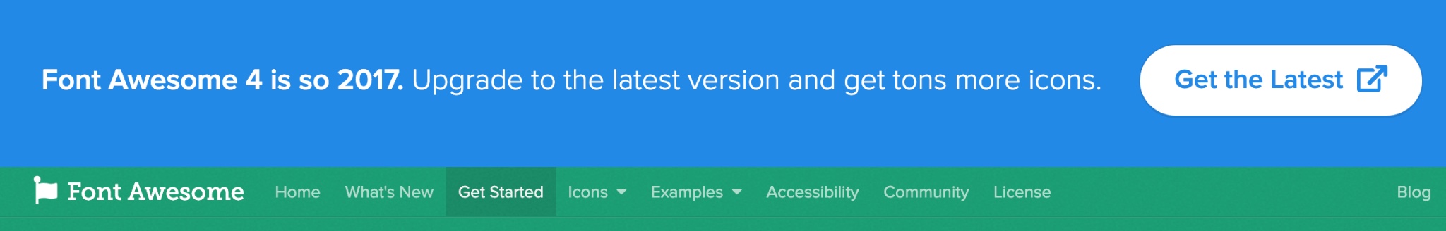 A banner on the Font Awesome website reading "Font Awesome 4 is so 2017"