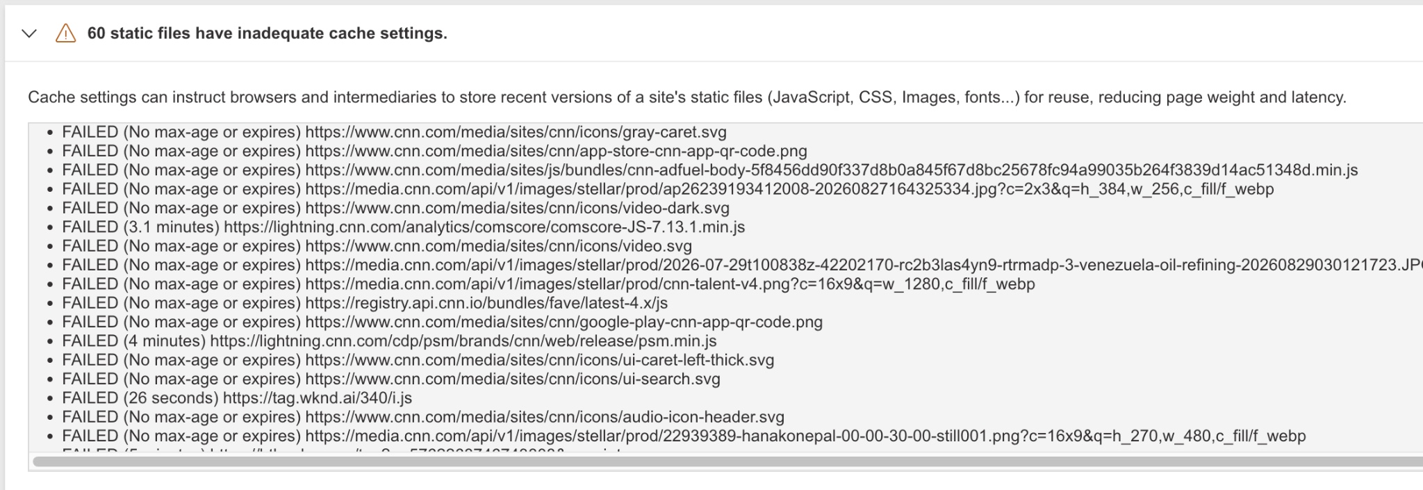 WebPageTest Optimization Summary reporting 60 static files have inadequate cache settings